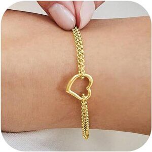 Trendy 14K Gold Plated Love Heart Link Chain Ring Bracelet Hand Chain for Women